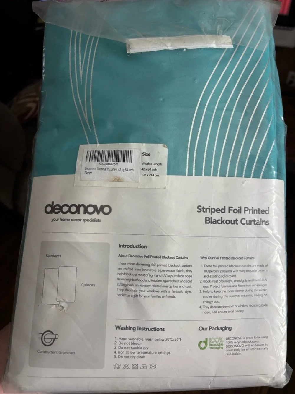NWT Deconovo Striped Foil Printed Blackout Curtains - Teal